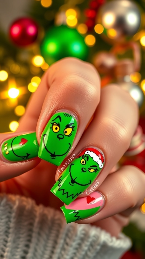 Grinch-Inspired Christmas Nail Art Close-up of Grinch-themed Christmas nails with green polish, red accents, and festive designs.